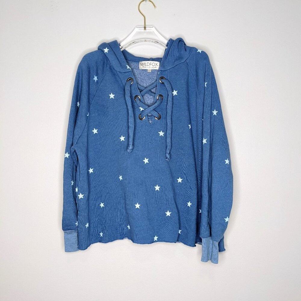 Wildfox Blue Star Print Hutton Hoodie Long Sleeve Lace Up Neck Size L